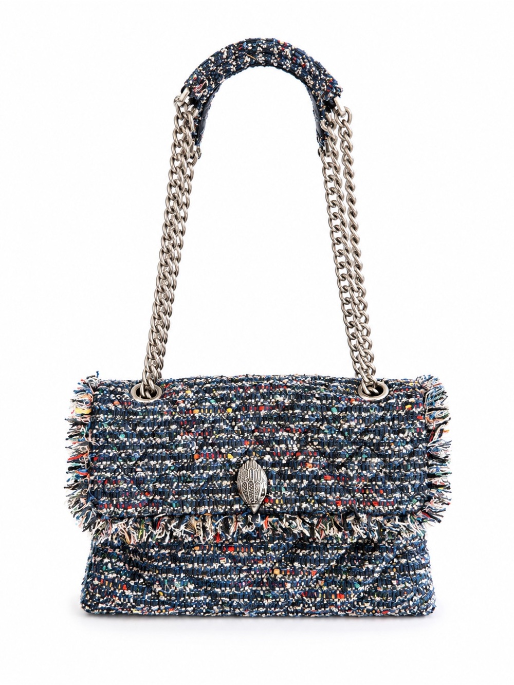 Kurt Geiger Tweed Large Kensington Bag Black Blue Shoulder Flap Closure